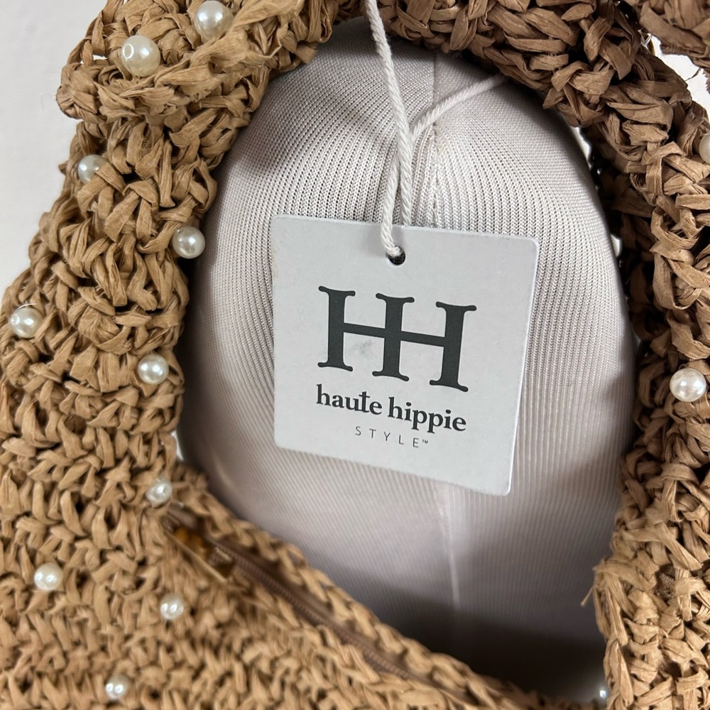 NWT Haute Hippie Straw Pearl-Embellished Woven Shoulder Hobo Bag in Natural Tan - Picture 11 of 12